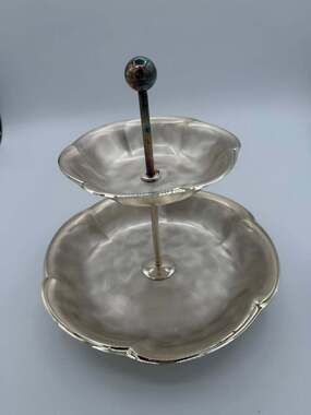 Vtg WMF Ikora silver-plated two-tier serving tray brushed finish scallop edge *